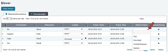 Billedet viser kolonnen Afslut Prøve samt drop down menuen, der bruges til at fraværsregistrere elever.
