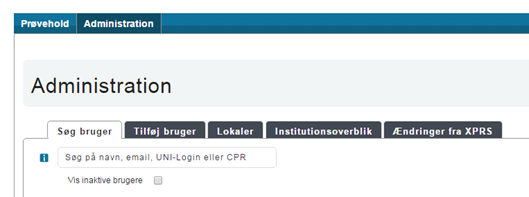Billedet viser siden Administration, fanebladet Søg bruger og søgefeltet, der bruges til søgning efter en bruger.