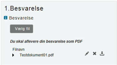 Billedet viser knappen Vælg fil under overskriften Besvarelse, samt et eksempel på en uploadet fil. 