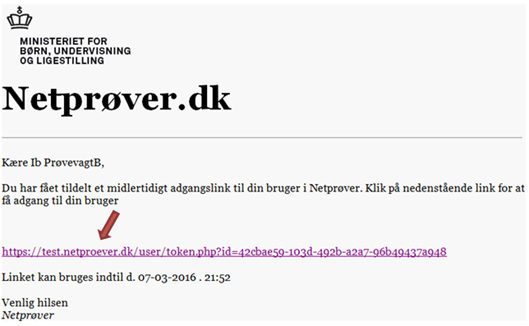 Billedet viser et eksempel på den tilsendte e-mail, der indeholder et link.