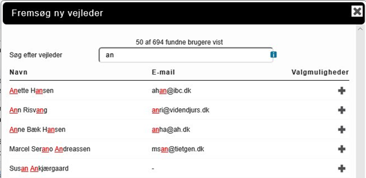 Billedet viser et eksempel på en liste med vejledere i vinduet Fremsøg ny vejleder.