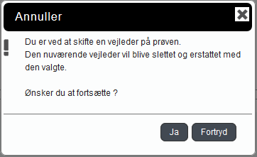 Billedet er en visning af den advarselsboks, der fremkommer, hvor man skal bekræfte, at man ønsker at skifte vejleder.