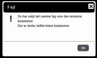 På billedet ses den advarselsboks, der fremkommer, hvis du har valgt det samme fag for vejlederen og den eksterne bedømmer.