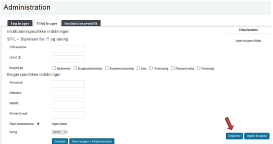 Billedet viser knappen Importer på siden Administration.