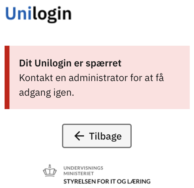 Billedet viser et eksempel på en besked man kan få ved mislykket login via Unilogin.