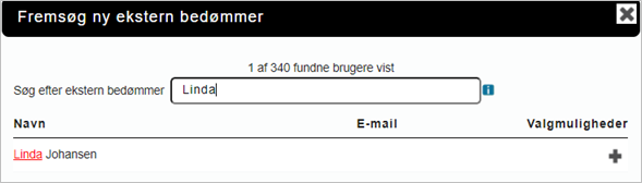 Billedet viser hvordan der fremsøges ny bedømmer og hvordan bedømmeren vælges ved at klikke på plus-ikonet.