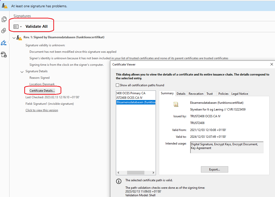 Billedet viser hvor man kan vælge Validate all samt hvor man kan åbne certificate details