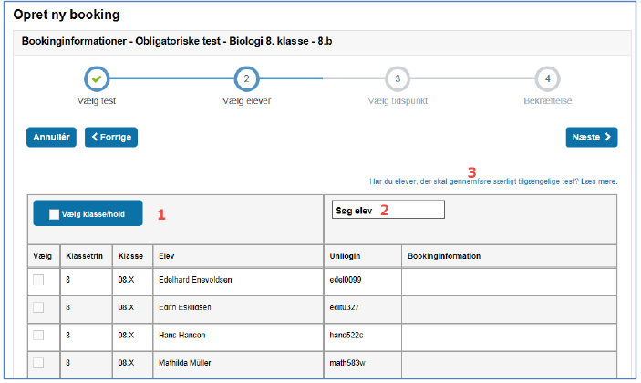 Billedet viser andet trin i bookingprocessen, der omhandler valg af elever.