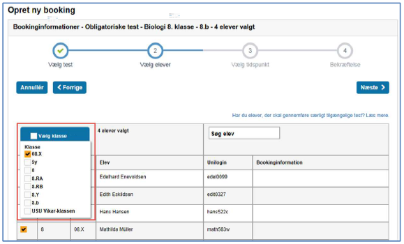 Billedet er en skærmvisning af hvordan man vælger hele klasser.