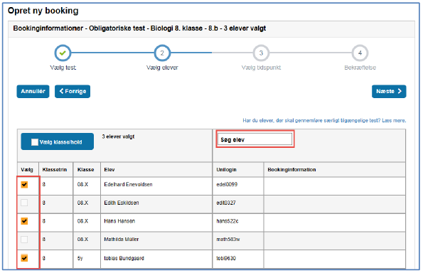 Billedet er en skærmvisning af hvordan man vælger specifikke elever.