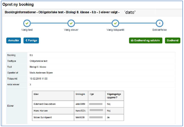 Billedet er en skærmvisning af bekræftelsessiden, som indeholder en oversigt over bookingen og godkendelse af bookingen.