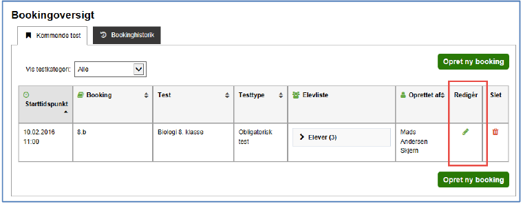 Billedet viser bookingoversigten, hvor man kan redigere en booking via klik på blyant ikonet.