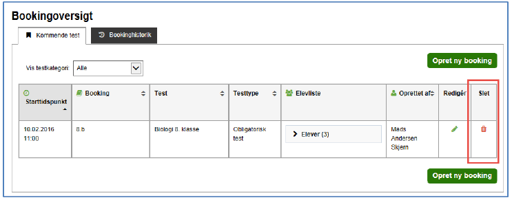Billedet viser bookingoversigten, hvor man kan slette en booking via klik på skraldespandsikonet.