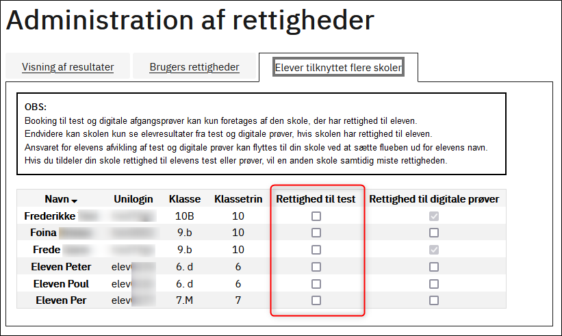 Billedet viser kolonnen Rettighed til test, hvor du kan sætte flueben ud for eleven.