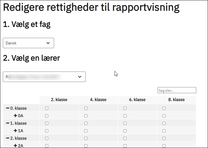 Billedet viser skærmbilledet, hvor man kan redigere rettigheder til rapportvisning, herunder at vælge lærer og fag.