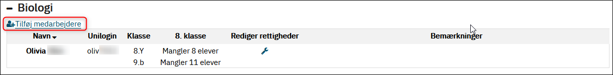 Billedet viser linket Tilføj medarbejdere, hvor man kan tilføje en lærer.