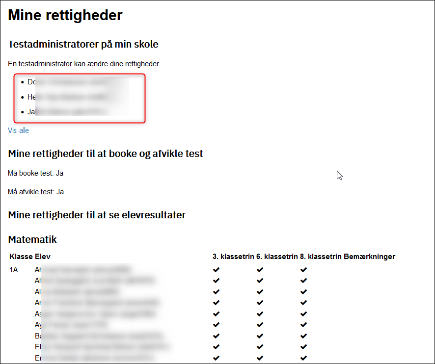 Billedet viser en liste med alle testadministratorer på skolen, som fremkommer ved tryk på linket Vis alle.