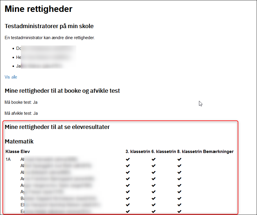 Billedet viser den tabel, der giver et overblik over lærerens rettigheder til at se elevresultater.