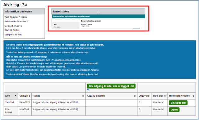 Billedet viser testafviklingssiden, herunder kolonnen Adgang til testen og knapperne, der bruges til at give eleverne adgang til testen.