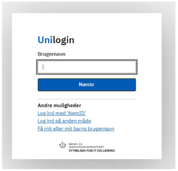 Billedet er en visning af Unilogin login siden, hvor du skal indtaste brugeroplysninger.