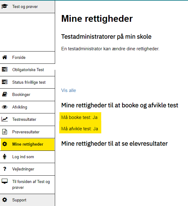 Billedet viser placeringen af menupunktet Mine rettigheder i venstremenuen.