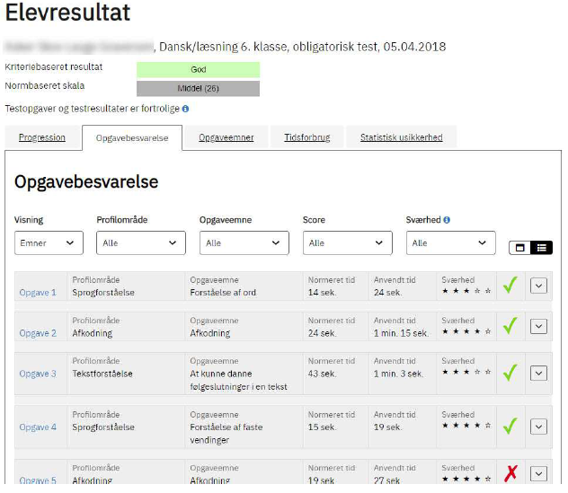 Billedet viser et eksempel på elevens opgavebesvarelse og mulighederne for at filtrere i denne på fanebladet Opgavebesvarelse.