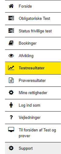 Billedet viser en markering af menupunktet Testresultater