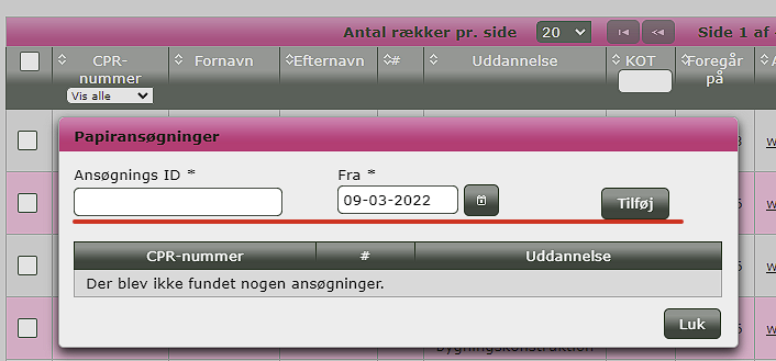 Billedet viser pop up vinduet papiransøgninger hvor man indtaster ansøgnings ID