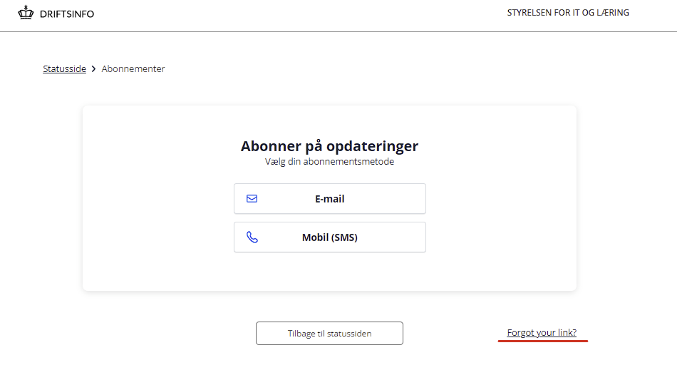 billedet viser tilmeldingssiden hvor der i bunden er et understreget link til at få tilsendt ny sms