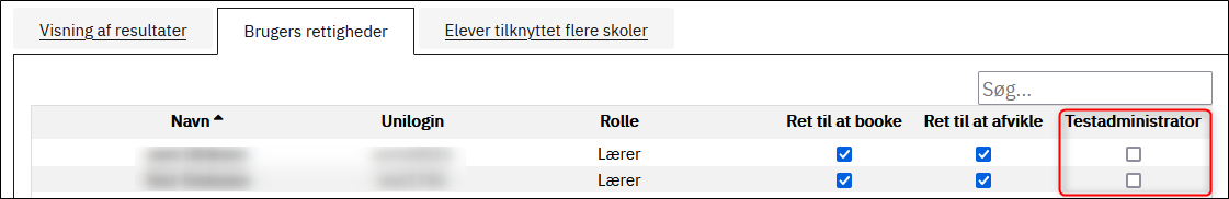 Billedet er en visning af hvor man afkrydser rettigheden til at være testadministrator.