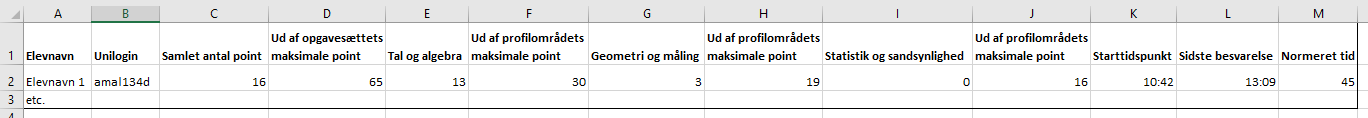 Eksempel på export af Læsning, del 1 (afkodning) med matematik