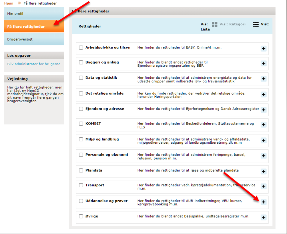 Visning af brugerfladen på Nemlog-in brugeradministration, hvor det vises med pil, hvor man skal trykke for at anmode om flere rettigheder