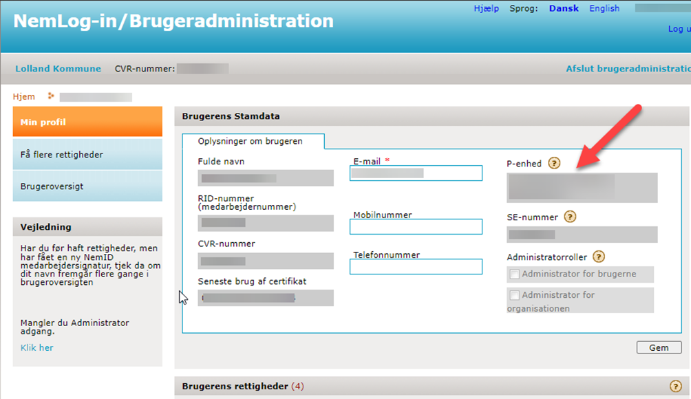 Visning af brugerfladen på Nemlog-ins Brugeradministration, hvor det angives med pil hvilke hvor man finder P-enhed på sin medarbjedersignaturprofil