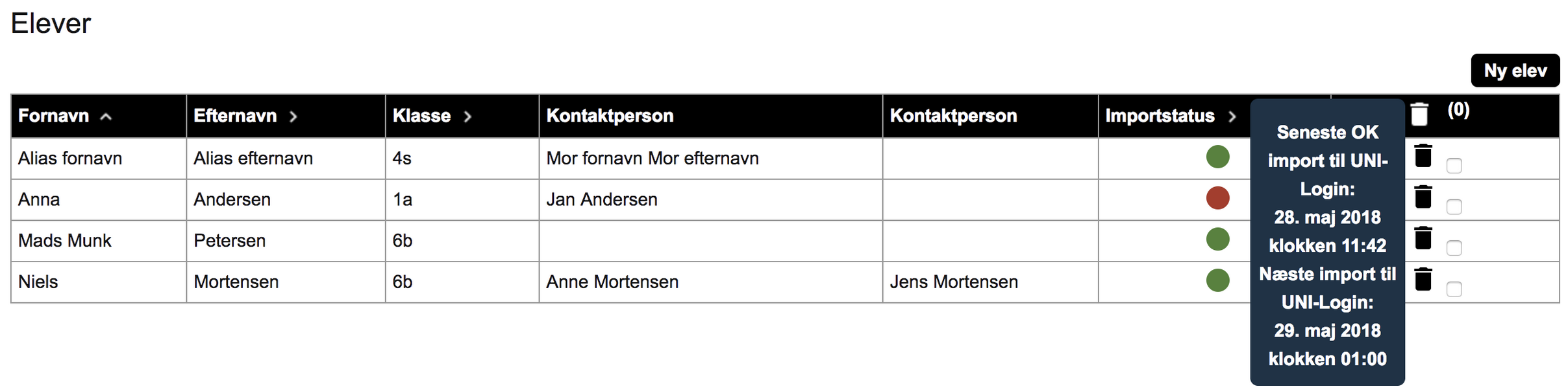 Billedet viser importstatus for eleven i kolonnen Importstatus, som enten er markeret med en grøn eller rød cirkel.