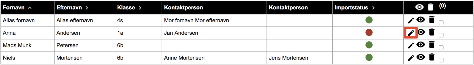 Billedet viser hvor du finder blyant-ikonet i elevoversigten.