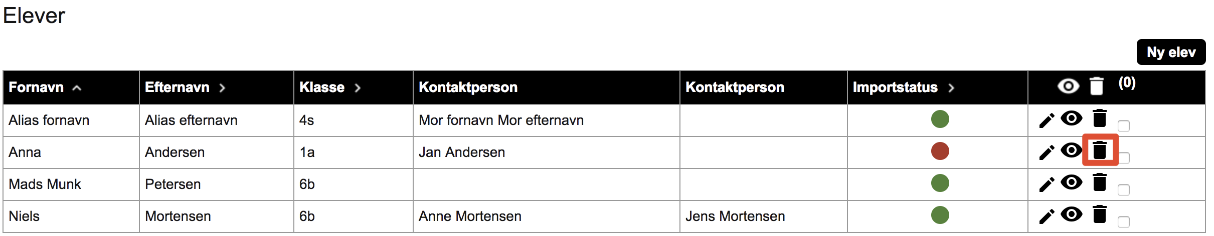 Billedet viser placeringen af skraldespands-ikonet på elevoversigten.