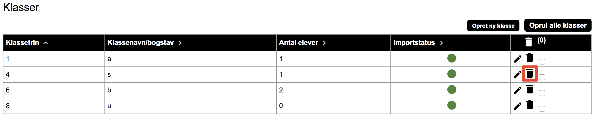 Billedet viser placeringen af skraldespands-ikonet på klasseoversigten.