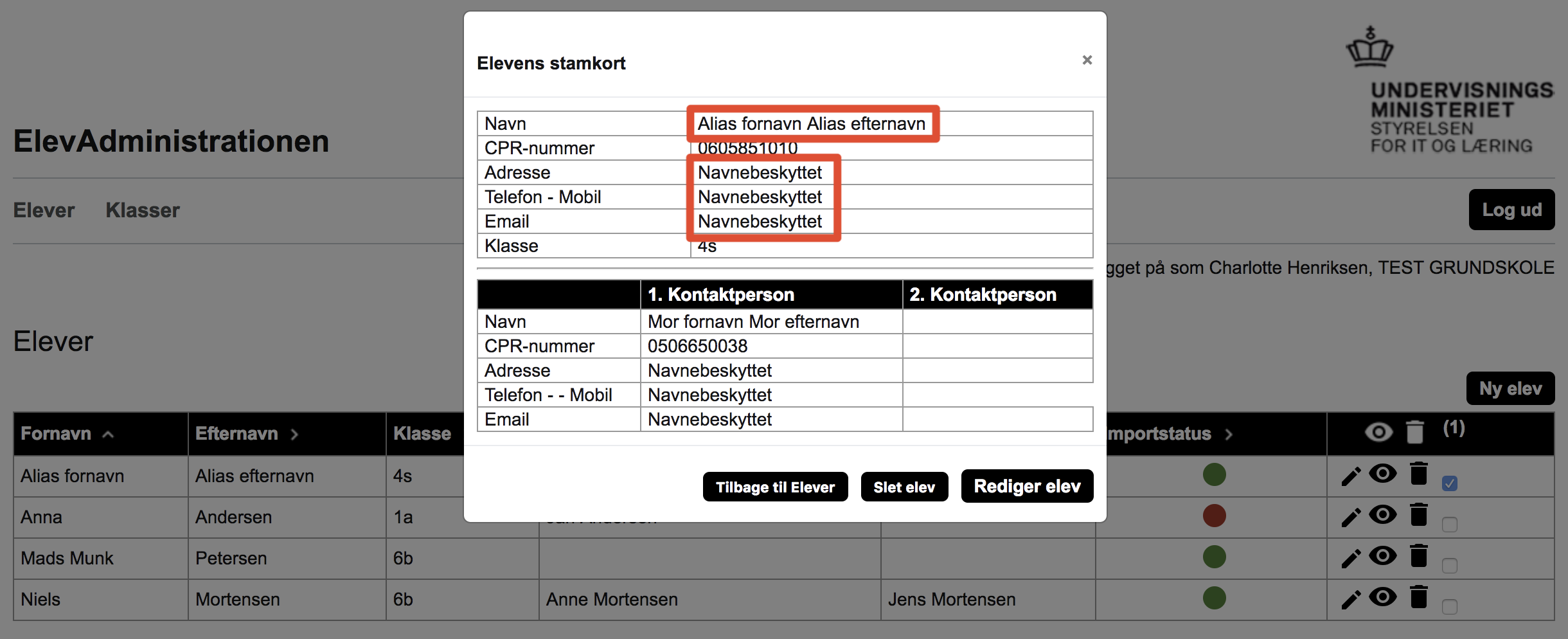 På billedet ses en navnebeskyttet elevs stamkort. Eneste oplysning der fremgår er klasse samt CPR-nummer.