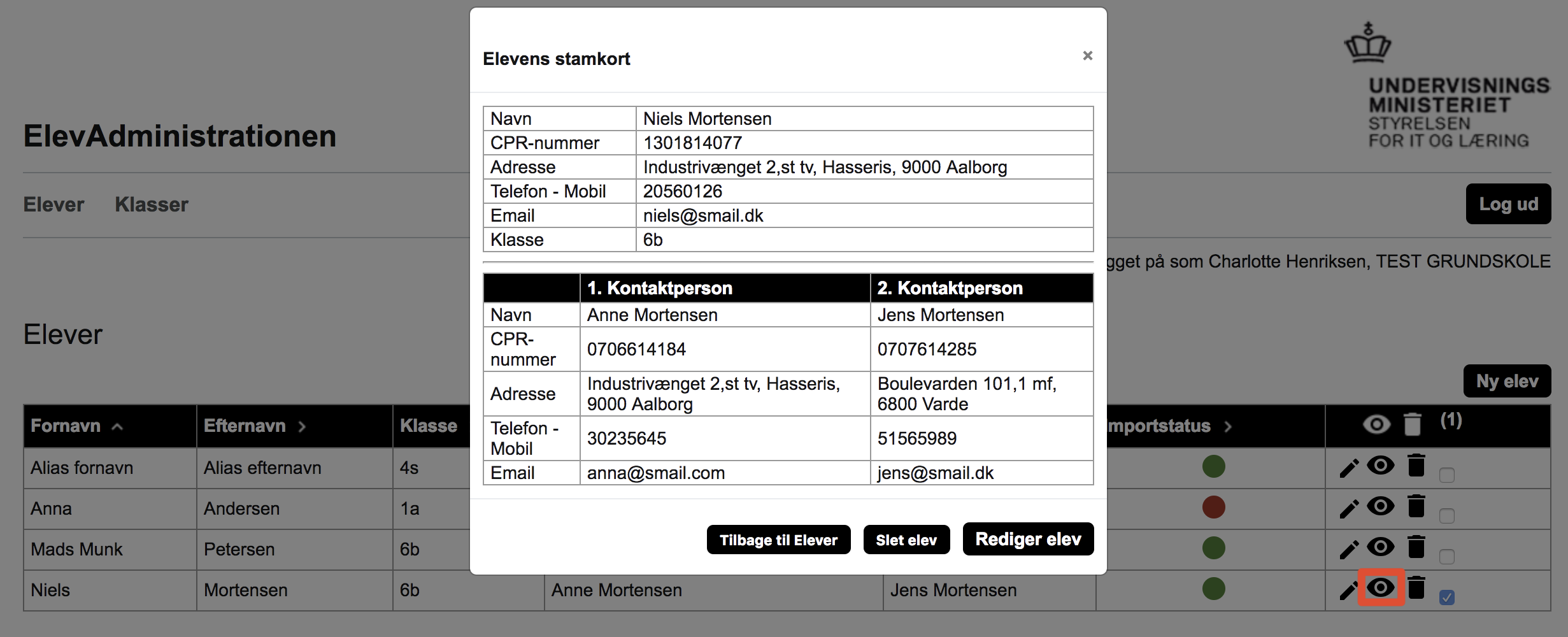 Ved klik på øje-ikonet vises elevens stamkort med data om eleven.