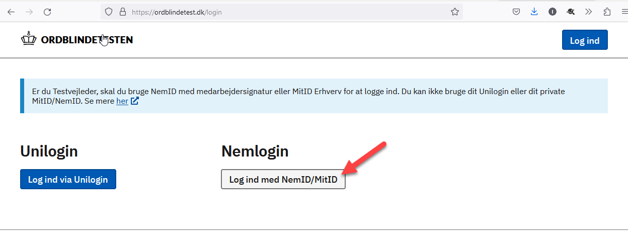 Login billede der viser to login knapper, Unilogin og NemLogin (NemID samt MitiD)