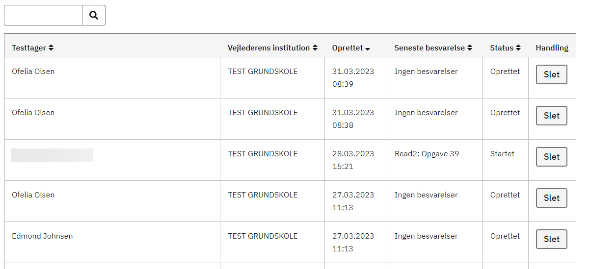 Billedet viser et skema med testdeltager, hvor man kan se seneste test