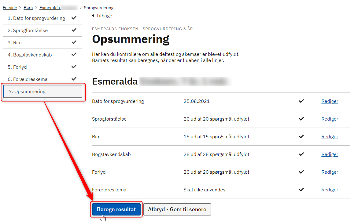 Billedet viser menupunktet Opsummering og knappen Beregn resultat.