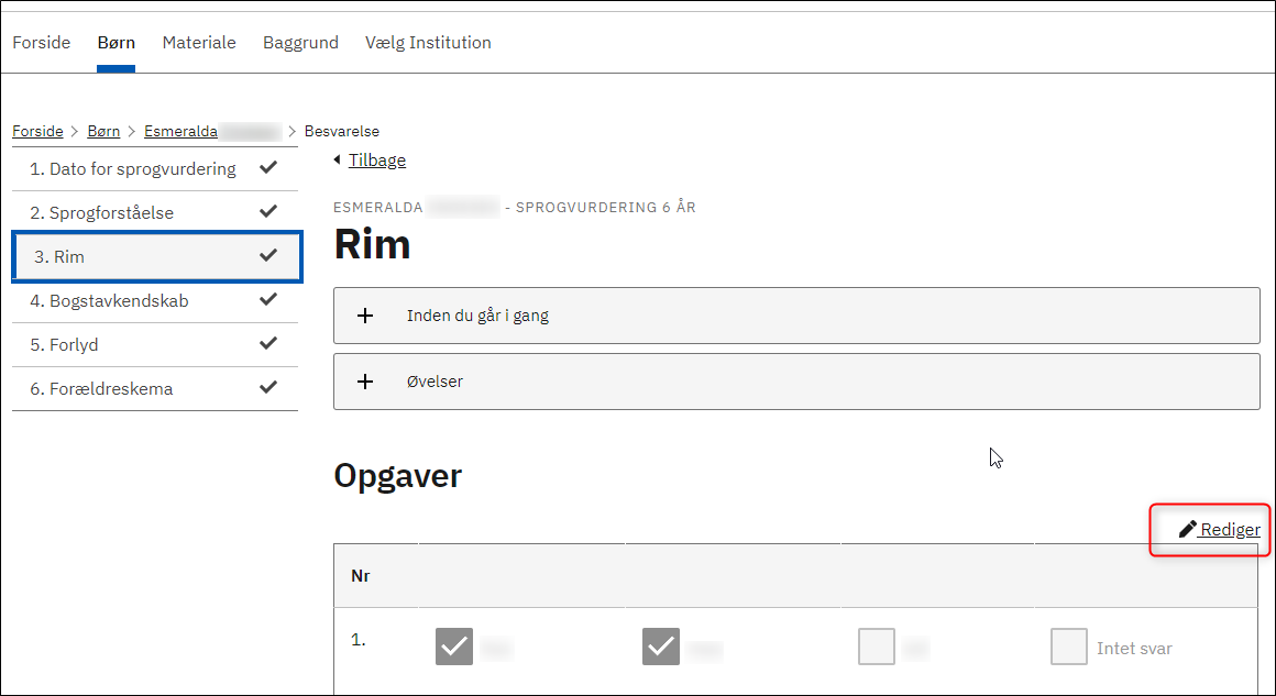 Billedet viser hvad du skal klikke på for at redigere svar i en test.