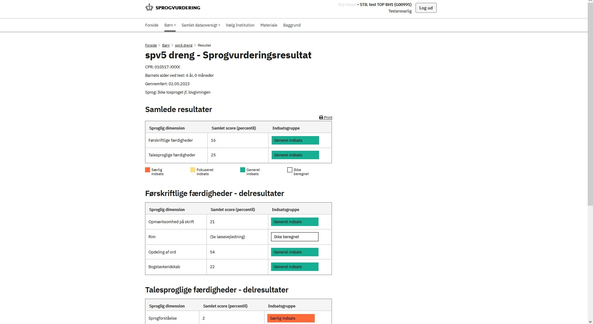 Billede der giver overblik over et barnets samlede resultater og delresultater.