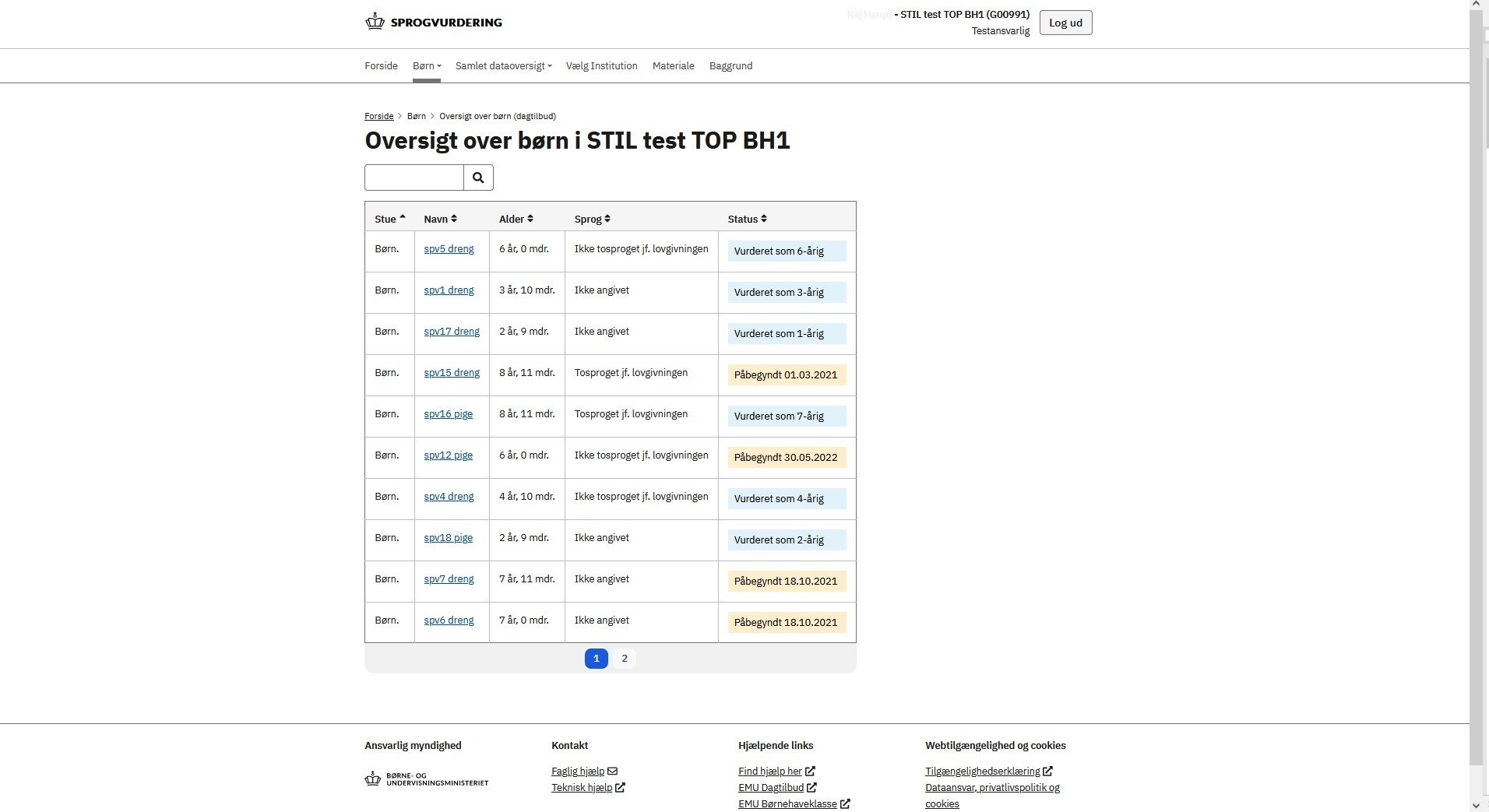 Oversigt over hvilke børn der er blevet sprogvurderet og hvilke der ikke er på enkeltbarns-niveau.