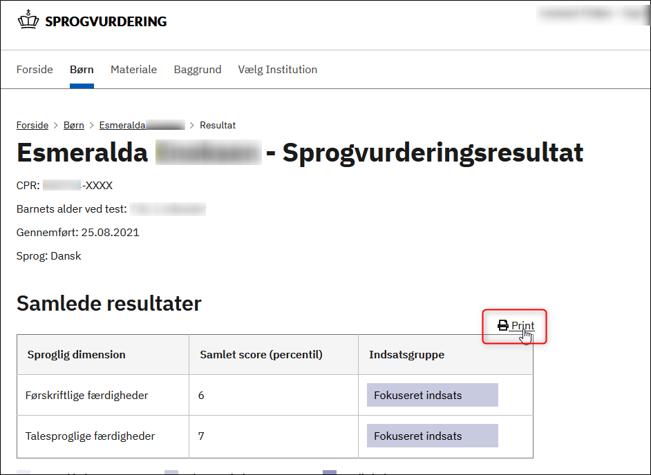 Billedet viser printfunktionen, der er tilknyttet barnets sprogvurderingsresultat.
