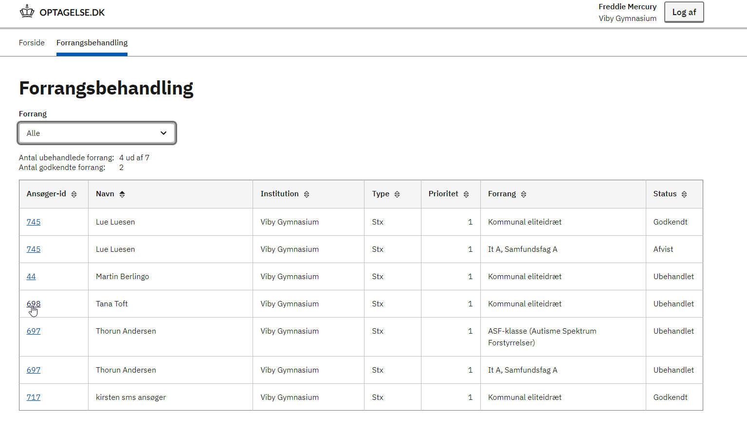 Billedet viser menuen forrangsbehandling