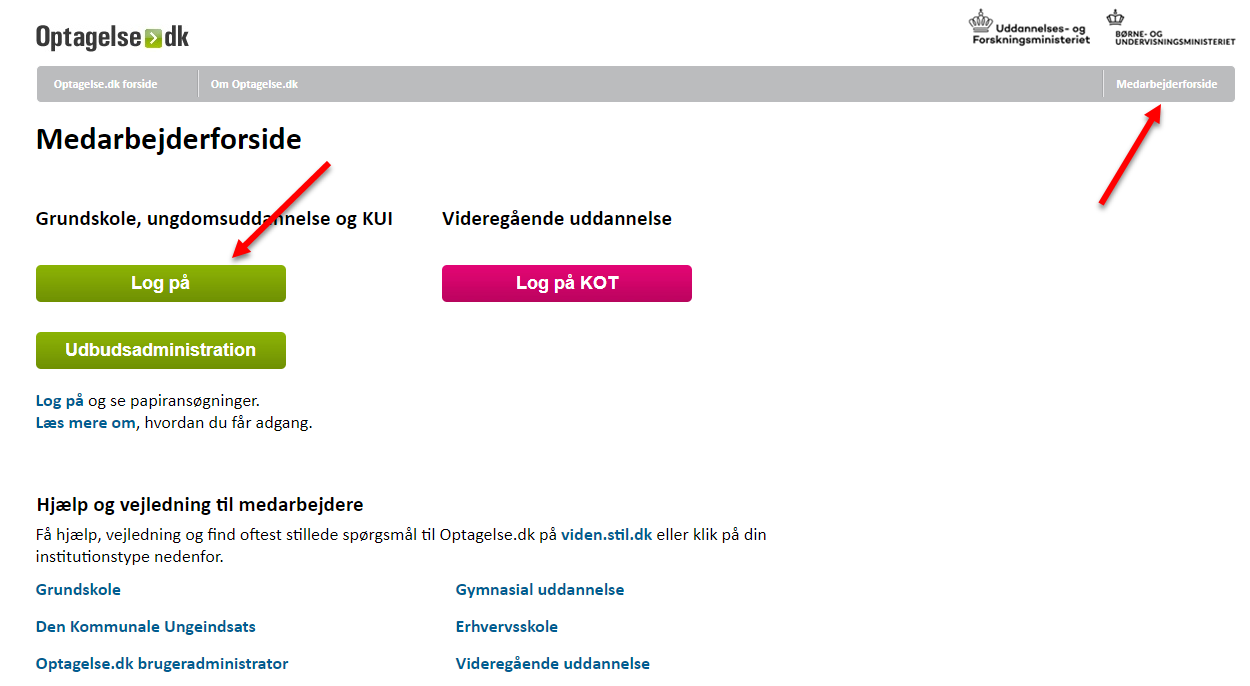 Billedet viser en pil til fanebladet Medarbejderforside og knappen Log på