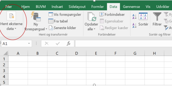 På billedet er knappen Hent eksterne data markeret