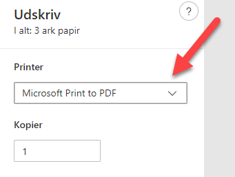 Billedet viser dropdownmenuen efter man har klikket på printerknappen